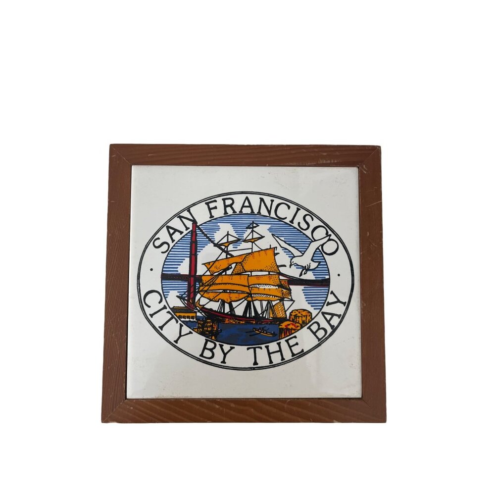 Vintage San Francisco City by the Bay Ceramic Tile Trivet Wall Plaque Sailing Sh